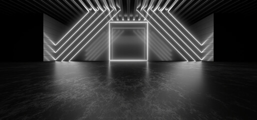 A dark corridor lit by white neon lights. Reflections on the floor and walls. 3d rendering image.