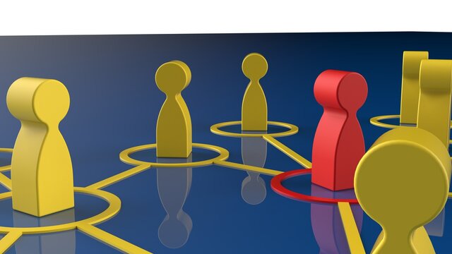 Chain of human figurines connected by yellow lines. Cooperation and interaction between people and employees. Dissemination of information in society, rumors. Social contacts. 3D illustration CG.