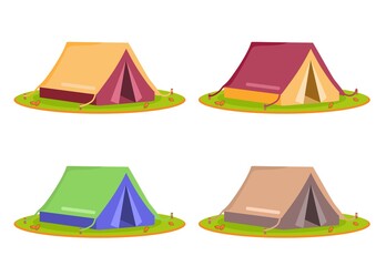 Vector illustration set of a tent on a lawn, for camping in nature and vacations, perfect for travel advertisements