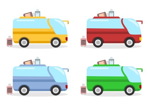 Vector illustration set of a tour bus leaving for holidays, themed on holidays and excursions, perfect for travel advertisements