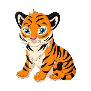 Cute baby tiger cartoon on white background