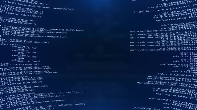 3D Hacking code data flow stream on blue Screen Animation. Computer screen with encrypted fast typing coding symbols. Network security, programming, development, cyber encryption.
