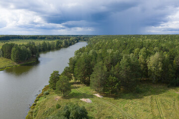 Fototapeta na wymiar Drone aerial view river landscape. Summer landscape