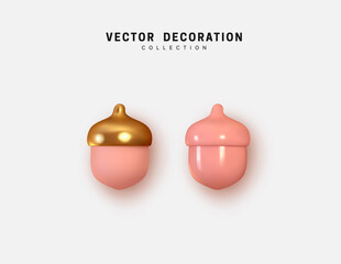 Acorns pink and gold realistic 3d, isolated set of objects on white background. Vector illustration
