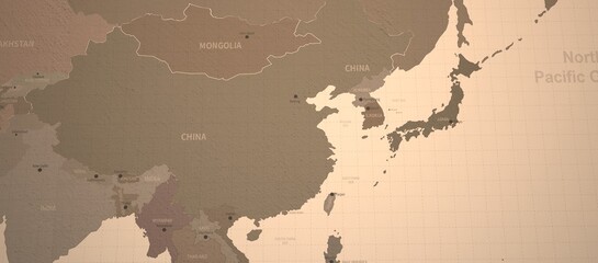 North Pacific ocean-south china sea and neighboring countries map. Old map 3d illustration.