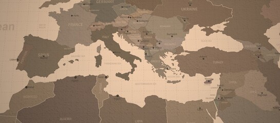 Mediterranean sea and neighboring countries map. Old map 3d illustration.