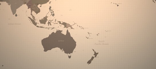 South pacific ocean and neighboring countries map. Old map 3d illustration.