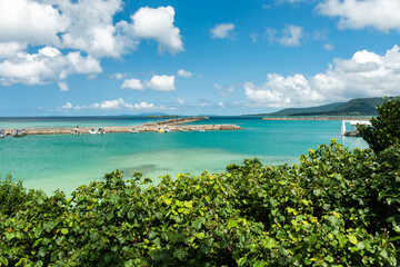 Fototapeta na wymiar Port of Uehara surrounded by the beautiful emerald green sea, pier ahead, blue sky, green relief of the island of Iriomote and vegetation in the foreground seen from above.