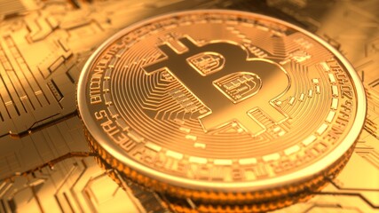Fototapeta na wymiar Golden coins with bitcoin symbol on a chip board. Bitcoin gold money futuristic network business concept. Digital background. Virtual reality, cyber. Cryptocurrency blockchain. 3d render