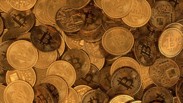 Bitcoin virtual cryptocurrency. Bitcoins background, banner. A lot of Bitcoin Crypto Currency Gold Bitcoin BTC Bit Coin. Business and finance concept. Blockchain technology, bitcoin mining. 3d render