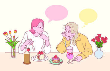 Two friends are drinking cake and juice at a strawberry dessert shop. hand drawn style vector design illustrations. 