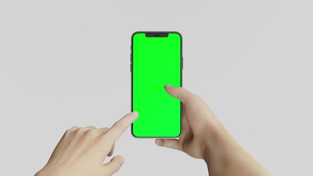 Hands tapping or liking on a Iphone 12 Pro max 3d render realistic mock up on white backgound with green screen to replace with your design	