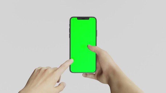 Hands tapping or liking on a Iphone 12 Pro max 3d render realistic mock up on white backgound with green screen to replace with your design, Mask version