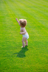 Baby in beautiful spring green field. Warm spring time in the park in diaper pants.