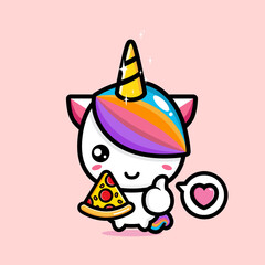 vector design of cute cartoon unicorn holding pizza