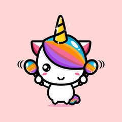 Vector design of cute cartoon unicorns playing maracas