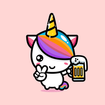 cute unicorn cartoon vector design holding a glass of beer