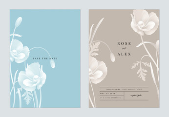 Floral wedding invitation card template design, monochrome poppy flowers with leaves on blue and grey, two tones color