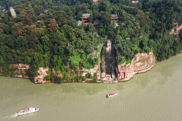 Giant buddha in China Dadu River aerial view of cliff etched largest buddha in Leshan province 