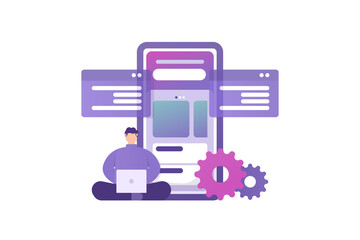 a concept UI and UX designer. full stack developer, software programmer. illustration of a male programmer who is creating or designing a smartphone application. flat style. vector design