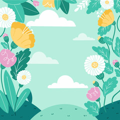 Fototapeta na wymiar Fresh Relaxing Spring Garden Background Template Doodle Drawn Illustration