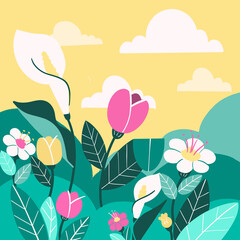 Natural Spring Hill Background Template Doodle Drawn Illustration