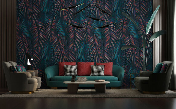 Modern Luxury Living Room Design, Tropical Forest Wallpaper Decoration, Botanical Leaves, Palm Trees, Dark Green Colors, Sofas With Lighting Table And Decorative