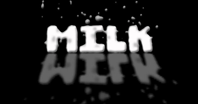 animated logo lettering milk with drops in zero gravity with reflection