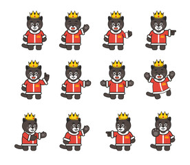 Black cat, panther king characters set showing various hand gestures. Modern vector illustration
