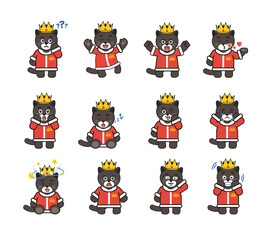 Black cat, panther king characters set showing various emotions, facial expressions. Modern vector illustration