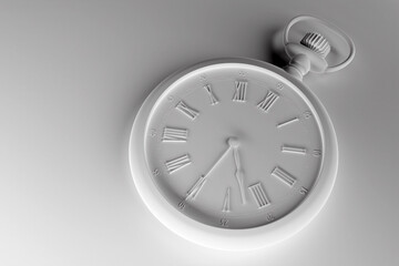 3d illustration of antique white round clock on monocrome background. Stopwatch icon, logo. Chronometer, vintage timer