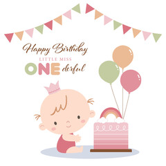 Baby girl celebrating her first birthday with birthday cake, balloons, and garlands. Girl's first birthday celebration with rainbow theme.