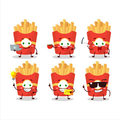 French fries cartoon character with various types of business emoticons