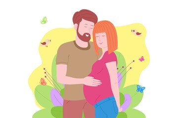 Pregnancy, motherhood concept. Pregnant and happy beautiful young woman holds her belly, hugged by a young man. Flat cartoon vector illustration of a married couple awaiting the birth of a child.