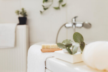 Washbasin in bathroom, bath accessories. Household, hotel cleaning concept