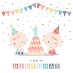 Two babies celebrating their first birthday with layered birthday cake, number candle, garlands, and confetti. Boy and girl twin's first birthday party.