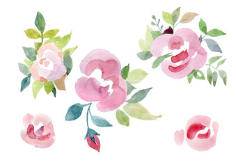 Hand painted floral elements set. Watercolor botanical illustration of tulip, peony, rose, marigold flowers and leaves. Natural objects isolated on white background