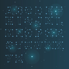 Alphabet in the form of a constellation. Bright cosmic letters from stars. ABC Vector.