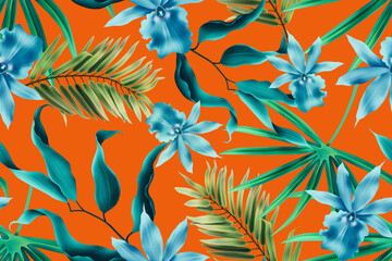 Colourful Seamless Pattern with tropic flowers and leaves. - 424340995