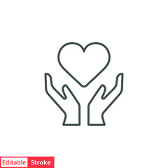 Hand heart line icon. Simple outline style. Holding, pictogram, care, graphic, life, health, save, love, give, charity concept. Vector illustration isolated on white background. Editable stroke EPS 10