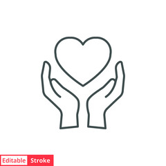 Hand heart line icon. Simple outline style. Holding, pictogram, care, graphic, life, health, save, love, give, charity concept. Vector illustration isolated on white background. Editable stroke EPS 10