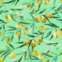 Seamless pattern with olive branches and olives. Watercolor hand drawing