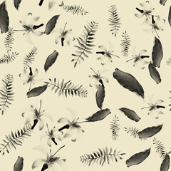 Gray Pattern Plant. White Tropical Leaves. Seamless Foliage. Flower Nature. Spring Vintage. Flora Art. Spring Texture. Floral Textile. Spring Botanical.