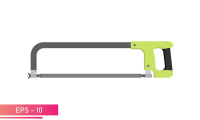 Metal hacksaw, with a convenient green handle. Realistic design. On a white background. Tools for workers. Flat vector illustration.