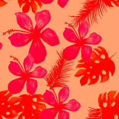 Pink Seamless Foliage. Ruby Pattern Illustration. Scarlet Tropical Plant. Coral Garden Texture. Floral Plant. Wallpaper Vintage. Monstera Leaves. Drawing Illustration.