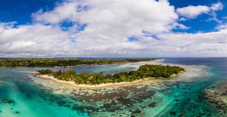 Aerial panorama of the idyllic Erakor island in the Port Vila bay, Vanuatu capital city in the south Pacific Ocean