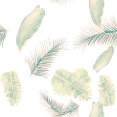 Gray Tropical Design. White Seamless Exotic. Pattern Illustration. Drawing Painting. Isolated Exotic. Banana Leaves. Floral Hibiscus. Flora Leaf. Spring Leaves.