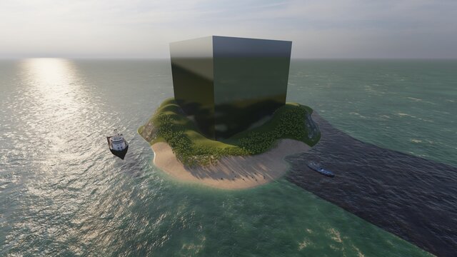 Gigantic chrome cube at island