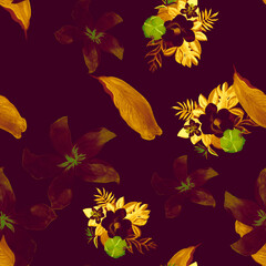 Fototapeta na wymiar Beige Seamless Vintage. Yellow Pattern Foliage. Autumn Tropical Vintage. Black Floral Plant. Vintage Spring Leaves. Golden Flora Botanical. Decoration Leaf.