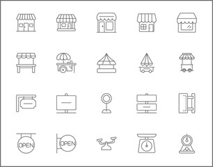Set of vendor and store line style. It contains such Icons as shop, sign board, shopping, street food, vendor booth, food cart, market and other elements. customize color, easy resize.